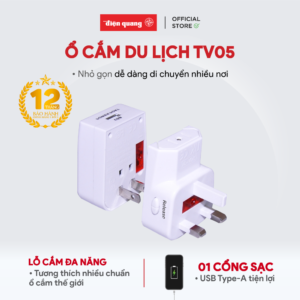 Ổ cắm du lịch Điện Quang ĐQ ESK TV05W 1U ( Màu trắng, 1... Sử dụng nhựa ABS chịu nhiệt Đèn hiển thị nguồn điện Cổng sạc USB