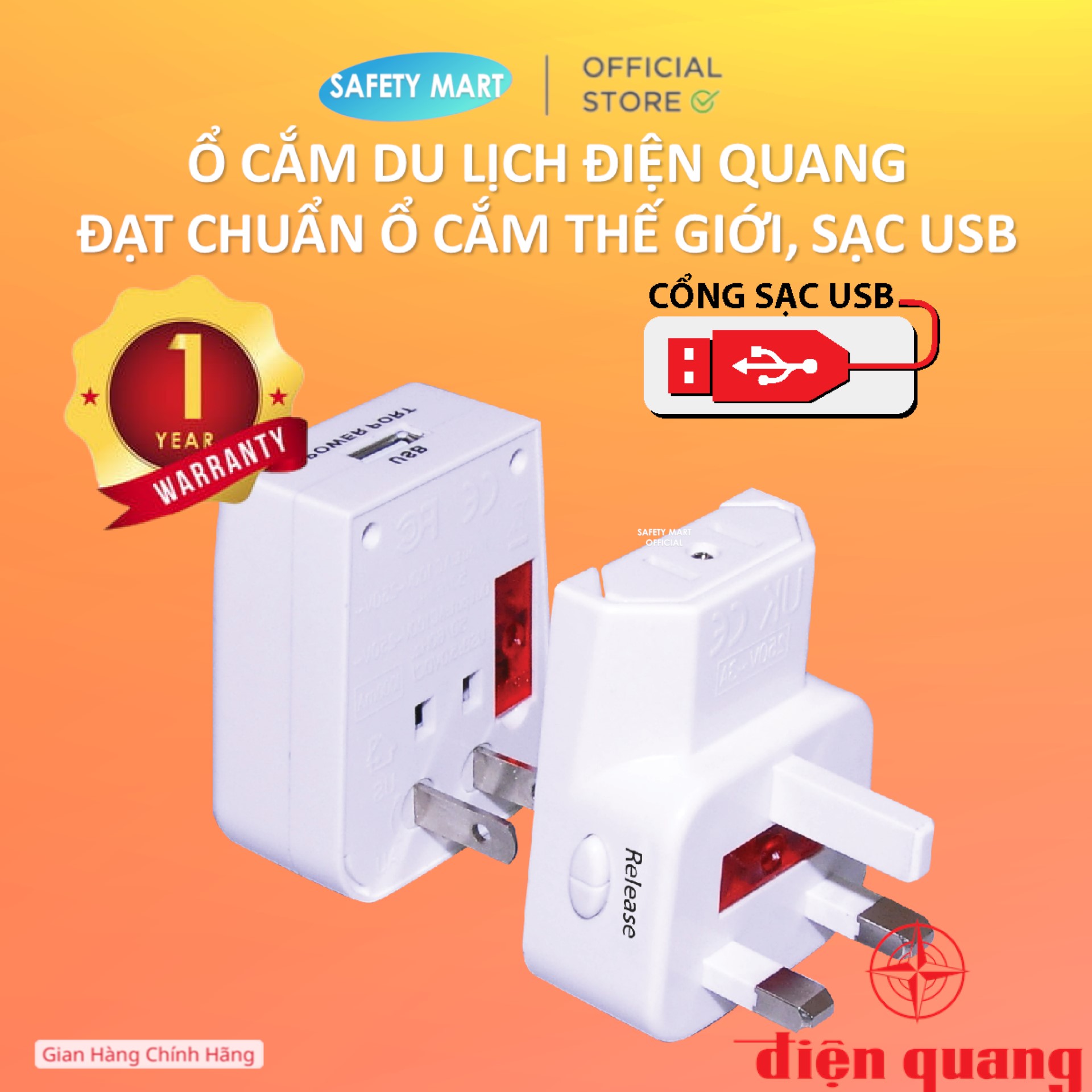 Ổ cắm du lịch Điện Quang ĐQ ESK TV05W 1U ( Màu trắng, 1... Sử dụng nhựa ABS chịu nhiệt Đèn hiển thị nguồn điện Cổng sạc USB