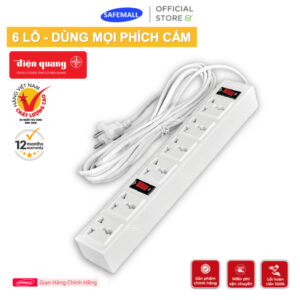Ổ cắm Điện Quang ĐQ 003A-04 - 6 lỗ 3 chấu chịu nhiệt - 2 công tắc - dây dài 2m/5m