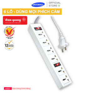 Ổ cắm Điện Quang ĐQ 003A-04 - 6 lỗ 3 chấu chịu nhiệt - 2 công tắc - dây dài 2m/5m